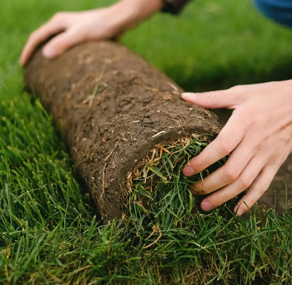 A person rolling out a section of new turf or sod, representing NB Coir's moisture-retaining coco peat solutions for councils, resorts, and sports grounds.